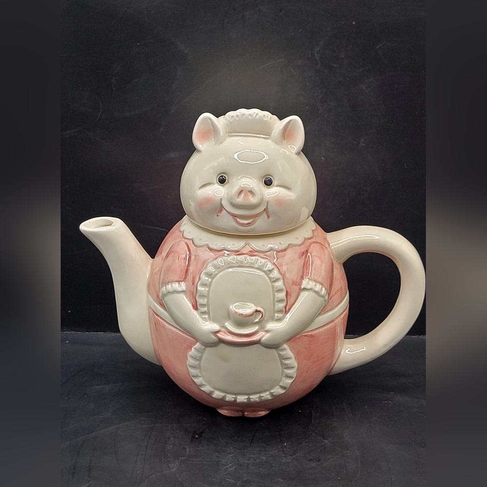 Vintage Abbott Pig Teapot Ceramic Pink & White “Mrs. Pig” Teapot 8” Long Japan